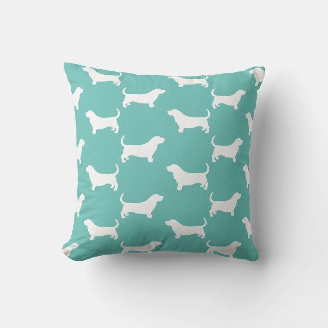 Basset Hound Silhouettes Pattern Teal and White Throw Pillow (Front)
