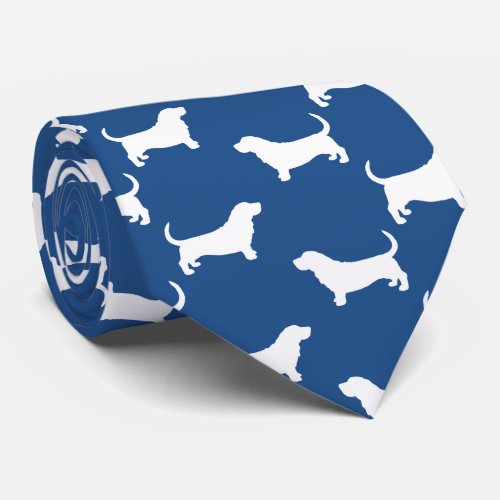 Basset Hound Silhouettes Pattern White and Blue Tie