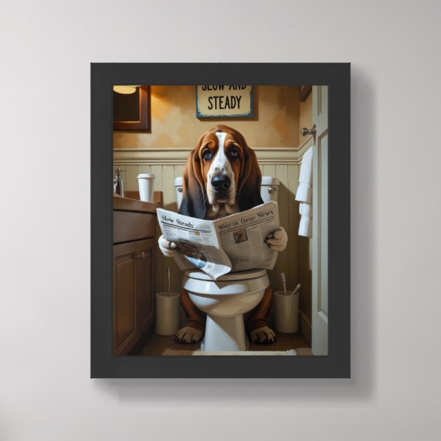 Basset Hound Sitting On Toilet Funny  Framed Art (Framed Front)