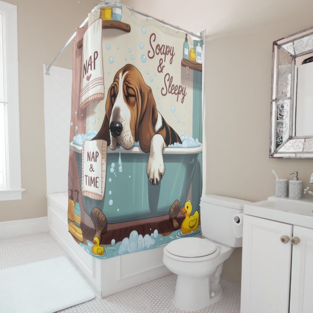 Basset Hound Sloppy Sleepy Cute Funny Shower Curtain (In Situ)
