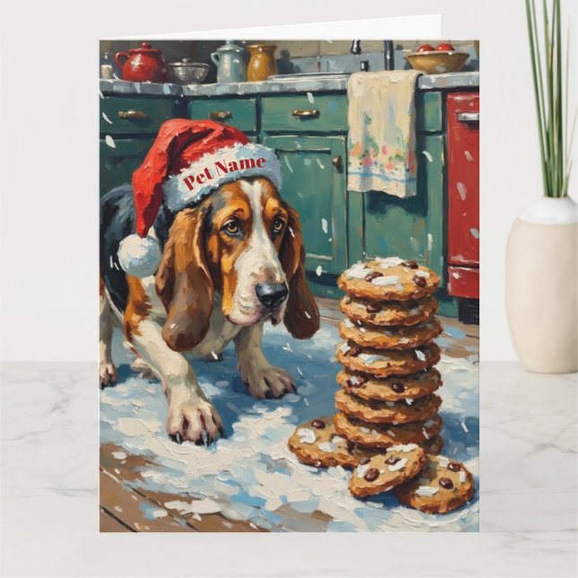 Basset Hound Sniffing Christmas Cookie Trail Hat Card (Front)