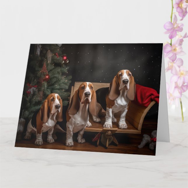Basset Hound Snowy Sleigh Christmas Decor  Card (Orchid)