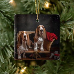 Basset Hound Snowy Sleigh Christmas Decor Ceramic Ornament