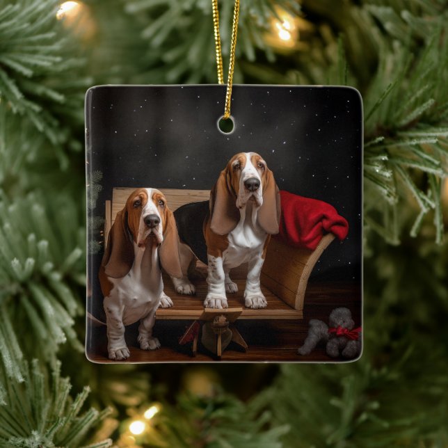Basset Hound Snowy Sleigh Christmas Decor  Ceramic Ornament (Tree)