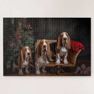 Basset Hound Snowy Sleigh Christmas Decor Jigsaw Puzzle