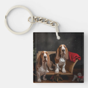 Basset Hound Snowy Sleigh Christmas Decor Keychain