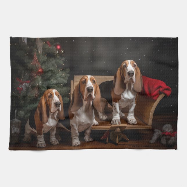 Basset Hound Snowy Sleigh Christmas Decor  Kitchen Towel (Horizontal)