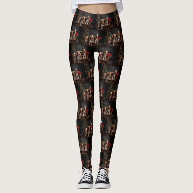 Basset Hound Snowy Sleigh Christmas Decor  Leggings (Front)