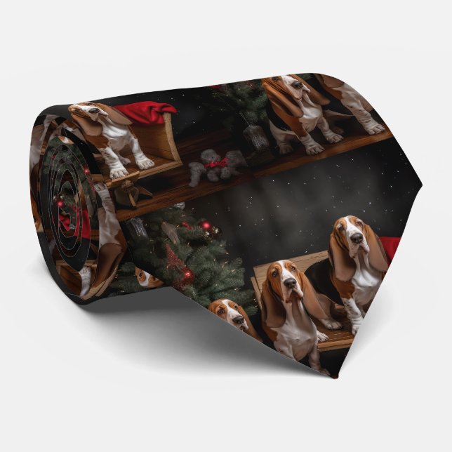Basset Hound Snowy Sleigh Christmas Decor  Neck Tie (Rolled)