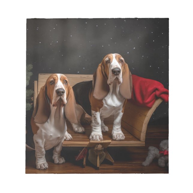 Basset Hound Snowy Sleigh Christmas Decor  Notepad (Front)
