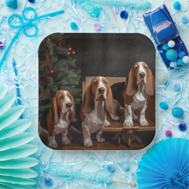 Basset Hound Snowy Sleigh Christmas Decor  Paper Plates (Party)