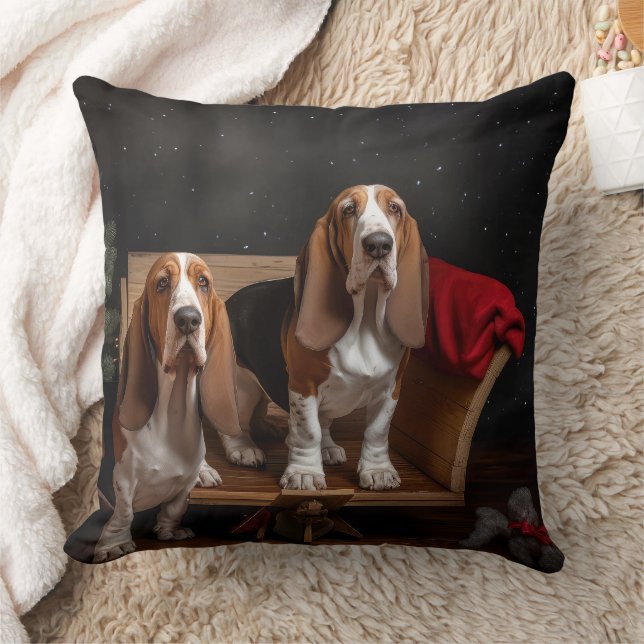 Basset Hound Snowy Sleigh Christmas Decor  Throw Pillow (Blanket)