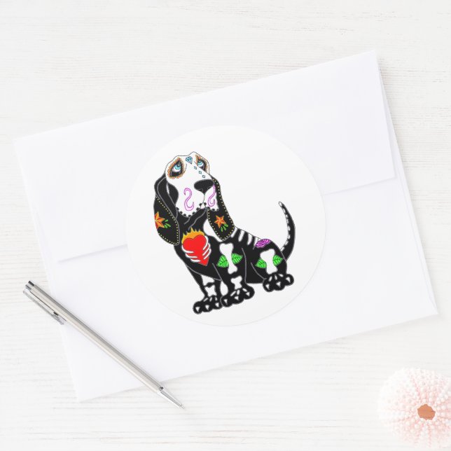 Basset Hound Sugar Skull Classic Round Sticker (Envelope)