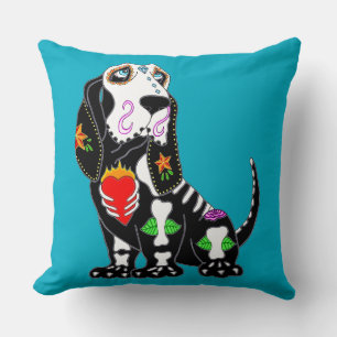 Basset Hound Sugar Skull Throw Pillow