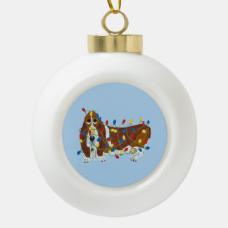 Basset Hound Tangled In Christmas Lights Ceramic Ball Christmas Ornament