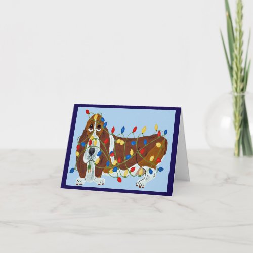 Basset Hound Tangled In Christmas Lights Thank You Card