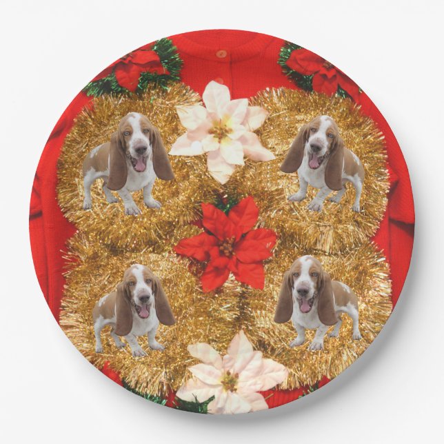 Basset Hound Ugly Christmas Sweater Paper Plates (Front)
