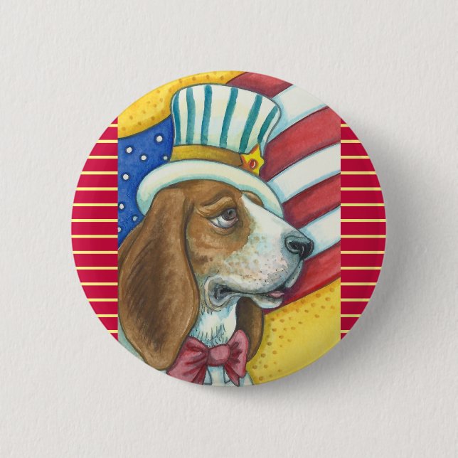 BASSET HOUND UNCLE SAM, PATRIOTIC DOG BUTTON Round (Front)