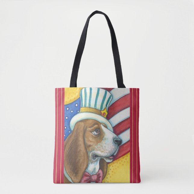 BASSET HOUND UNCLE SAM, PATRIOTIC DOG TOTE BAG Red (Front)