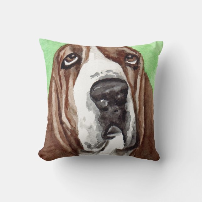 Basset Hound Watercolor Art Throw Pillow (Front)