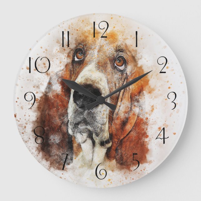 Basset hound watercolor painting large clock (Front)