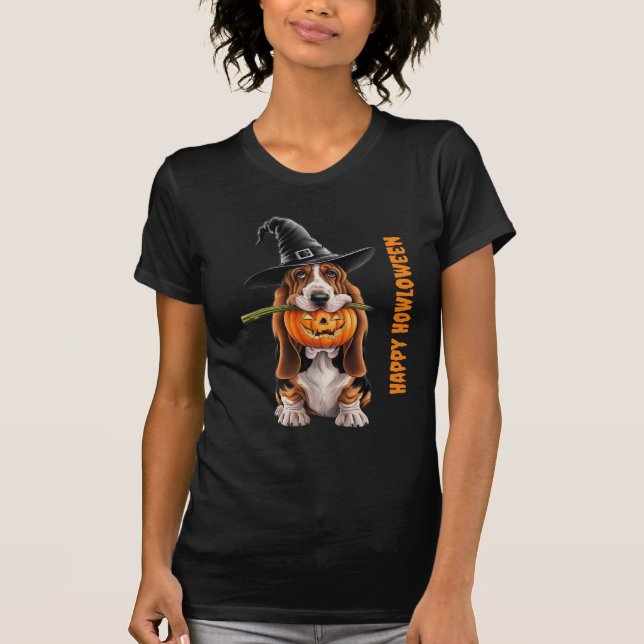 Basset hound wearing witches hat & pumpkin T-Shirt (Front)