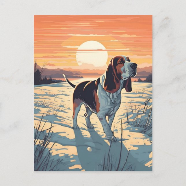 Basset Hound winter mountain forest during sunset Postcard (Front)