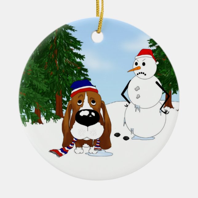 Basset Hound Winter Scene Ceramic Ornament (Front)