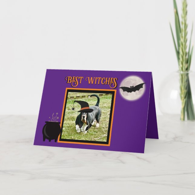 Basset Hound "Witch" On Funny Halloween Card  (Front)