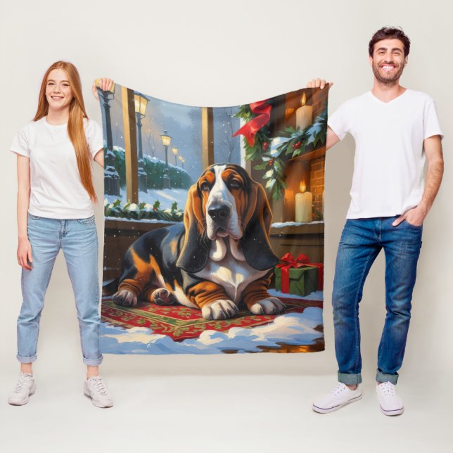 Basset Hound With Christmas Lights Holiday  Fleece Blanket (In Situ)