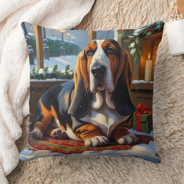 Basset Hound With Christmas Lights Holiday  Throw Pillow (Blanket)