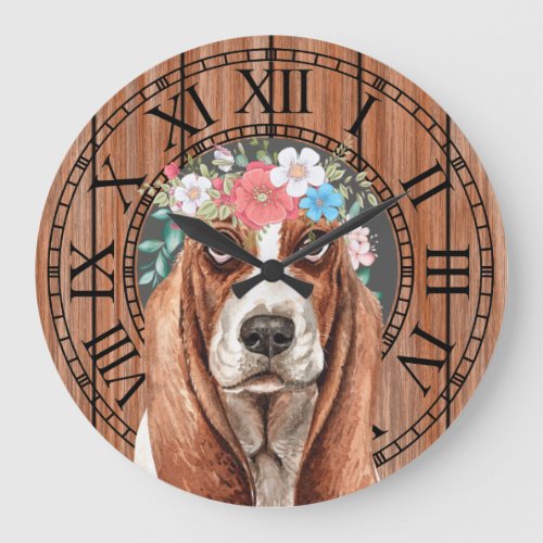 Basset hound with flowers rustic wood pet dog large clock