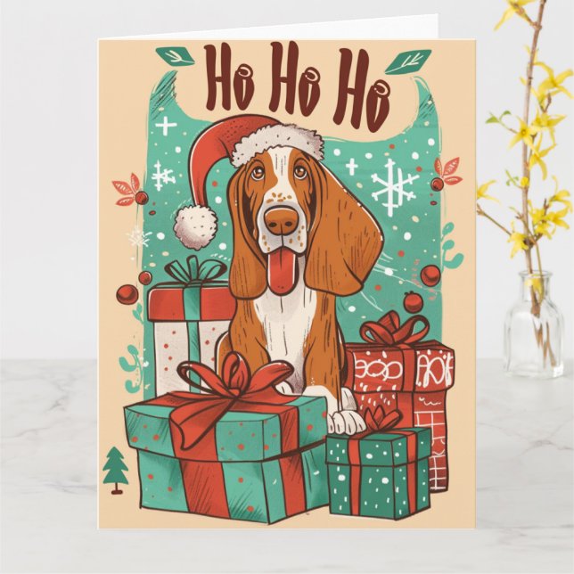 Basset Hound with Gift Boxes Christmas Card (Yellow Flower)