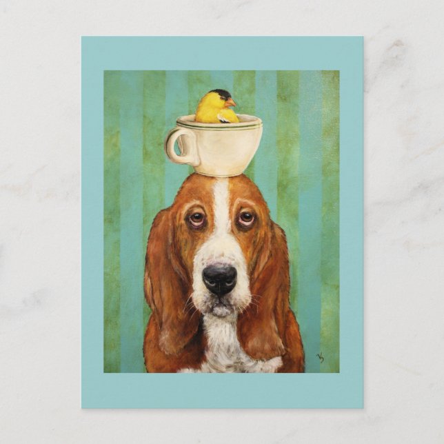 Basset hound with goldfinch in teacup postcard (Front)