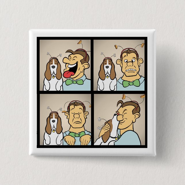 Basset Hound with Man in Photo Booth Funny Cartoon Button (Front)