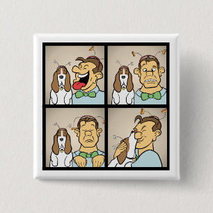 Basset Hound with Man in Photo Booth Funny Cartoon Button