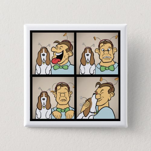 Basset Hound with Man in Photo Booth Funny Cartoon Button