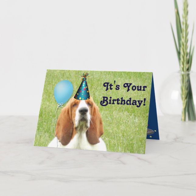 Basset Hound with party hat Birthday card (Front)