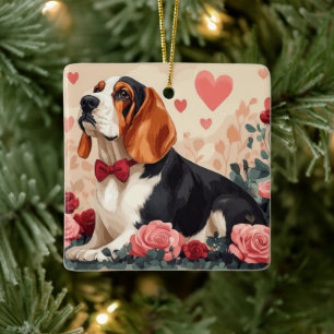 Basset Hound with Roses - Valentine's Day Ceramic Ornament