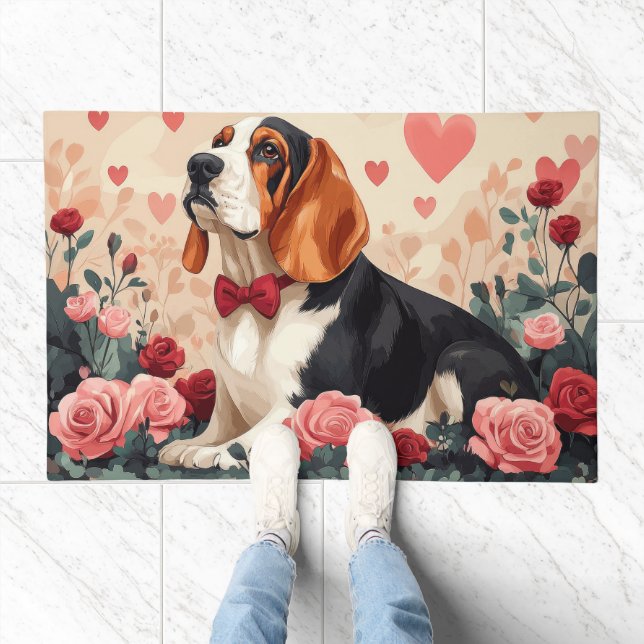 Basset Hound with Roses - Valentine's Day  Doormat (Indoor)