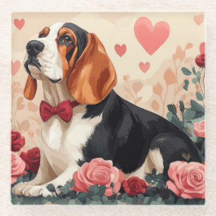 Basset Hound with Roses - Valentine's Day Glass Coaster