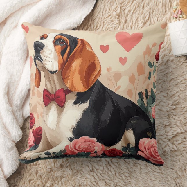Basset Hound with Roses - Valentine's Day  Throw Pillow (Blanket)