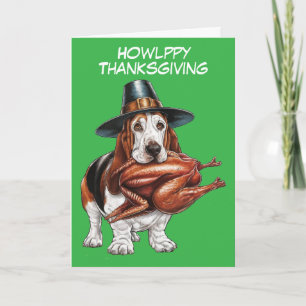 Basset hound with turkey in mouth thanksgiving card