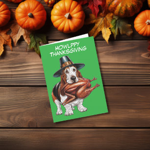 Basset hound with turkey in mouth thanksgiving card