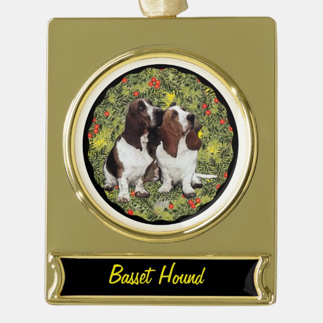 Basset Hound Wreath Gold Plated Banner Ornament (Front)