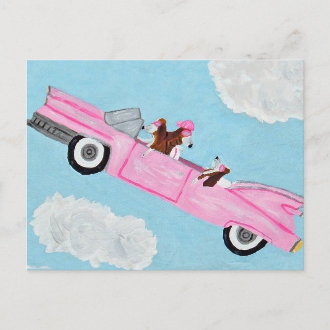 Basset Hounds in Pink Convertible Postcard (Front)