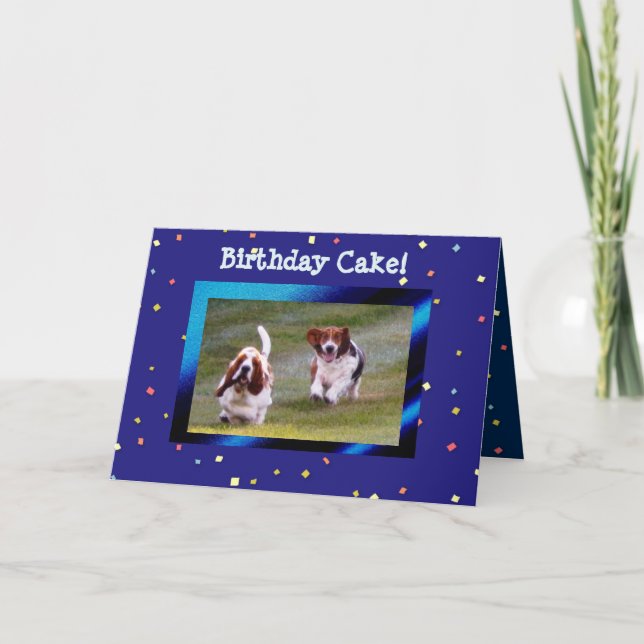 Basset Hounds on Funny Birthday Card w/Cake (Front)