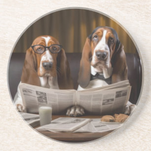 Basset hounds reading the newspaper coaster