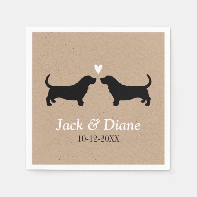 Basset Hounds Wedding Couple with Custom Text Paper Napkins (Front)