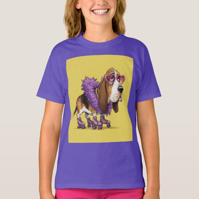  Basset on Roller Skates, by Natasha Us   T-Shirt (Front)